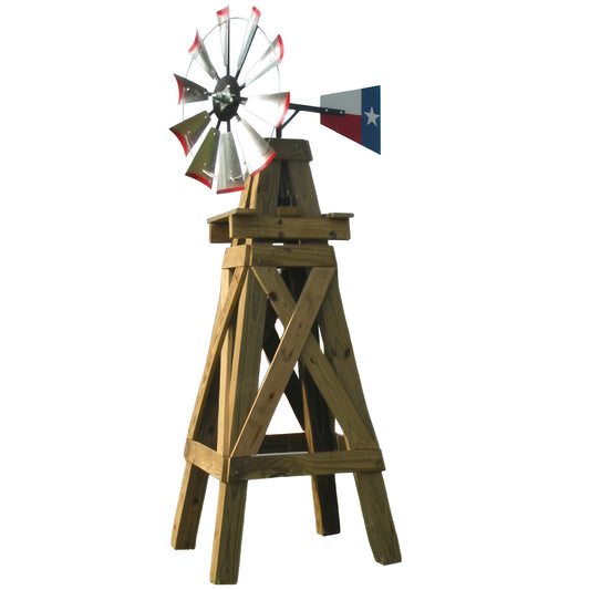 8' Windmill with Texas Flag Tail and Wood Stand