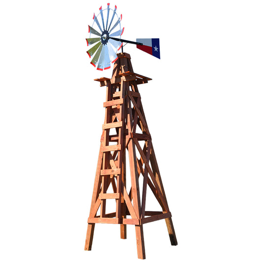 15' Windmill with Texas Flag Tail and Wood Stand