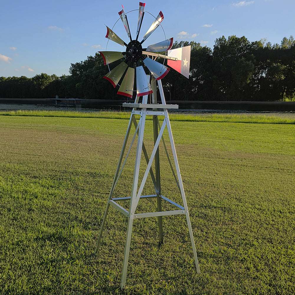8' Windmill with Texas Flag Tail and Metal Stand