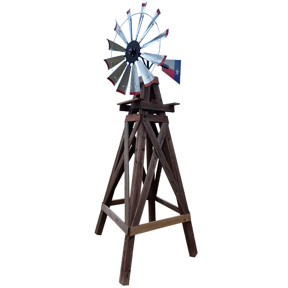 11' Windmill with Texas Flag Tail and Wood Stand
