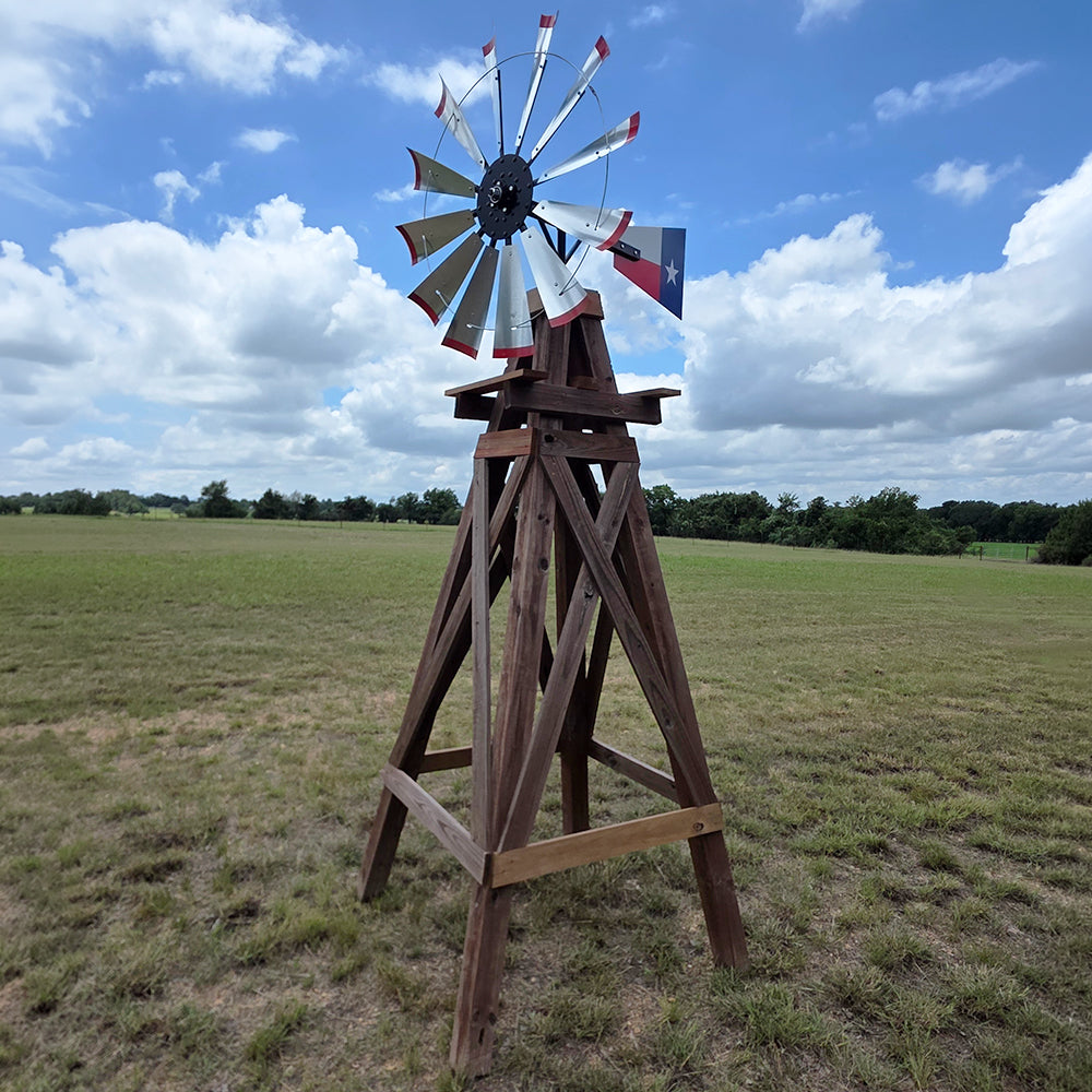 11' Windmill with Texas Flag Tail and Wood Stand