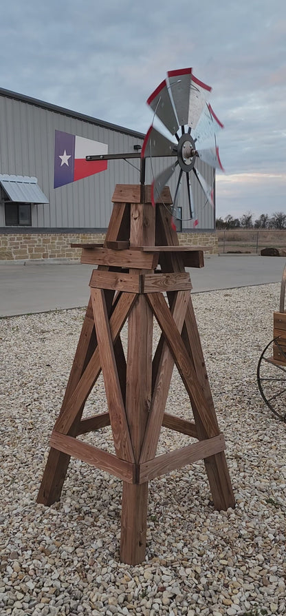 8' Windmill with Texas Flag Tail and Wood Stand