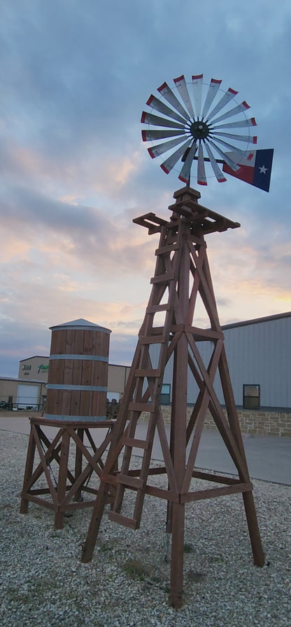 20' Windmill with Texas Flag Tail and Wood Stand