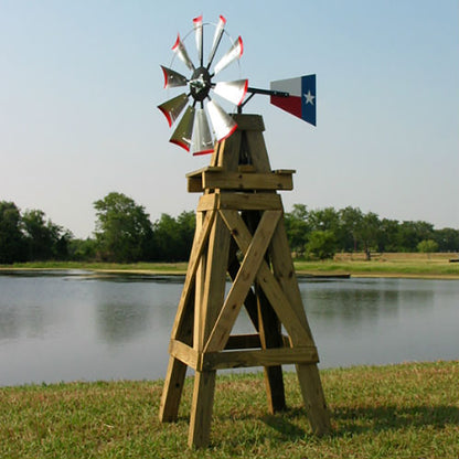 8' Windmill with Texas Flag Tail and Wood Stand