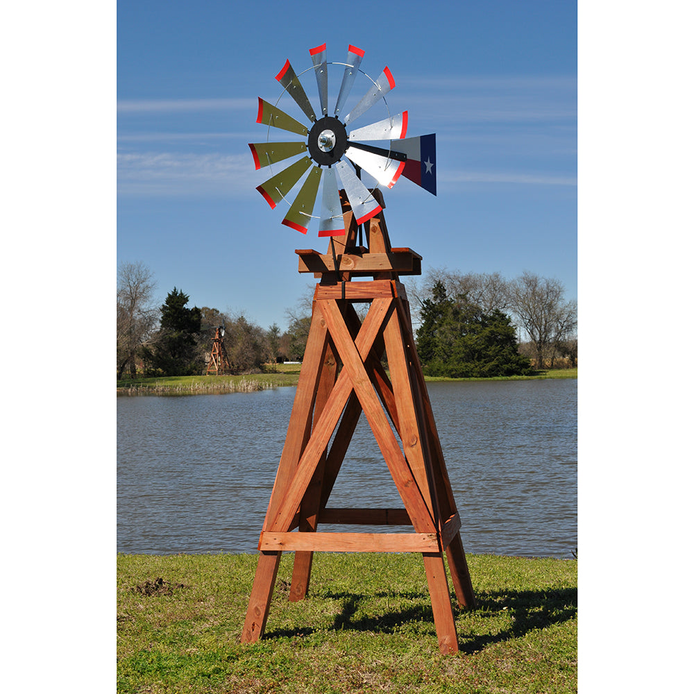 11' Windmill with Texas Flag Tail and Wood Stand